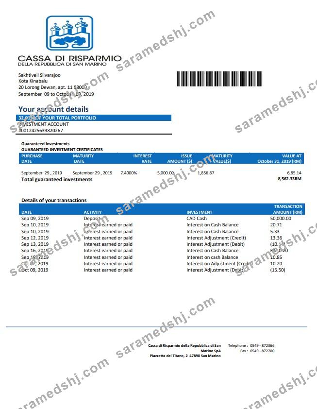 San Marino Cassa di Risparmio bank statement